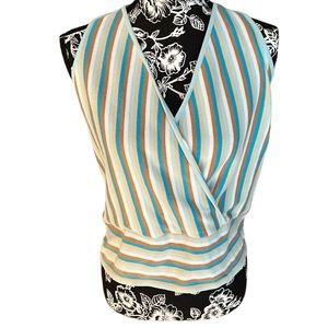 Nine West size large aqua & tan striped knit halter top faux wrap